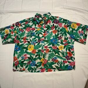 Vintage 90s Liz Sport Floral Cropped Short Sleeve Coared Button Up Size L